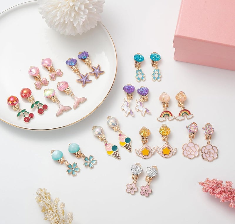 ERDOGLY Clip On Earrings for Girls, 10/12 Pairs Kids Clip On Earrings for Toddler Party Favor, Stick on Earring Jewelry Set for Little Girl Princess Play Ages 3-12 - Image 4